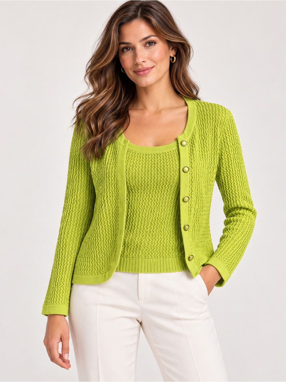 Vintage St. John Sport Lime Green Textured Knit Tank & Cardigan Two-Piece Set